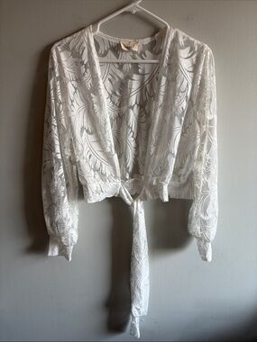 Ember Y2K Style Sheer Burnout Tie Front Crop Blouse White L